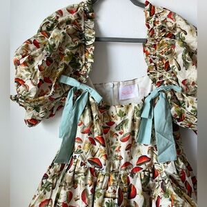 *RARE* Selkie mushroom print buttercream mini frilly dress puff sleeves bows